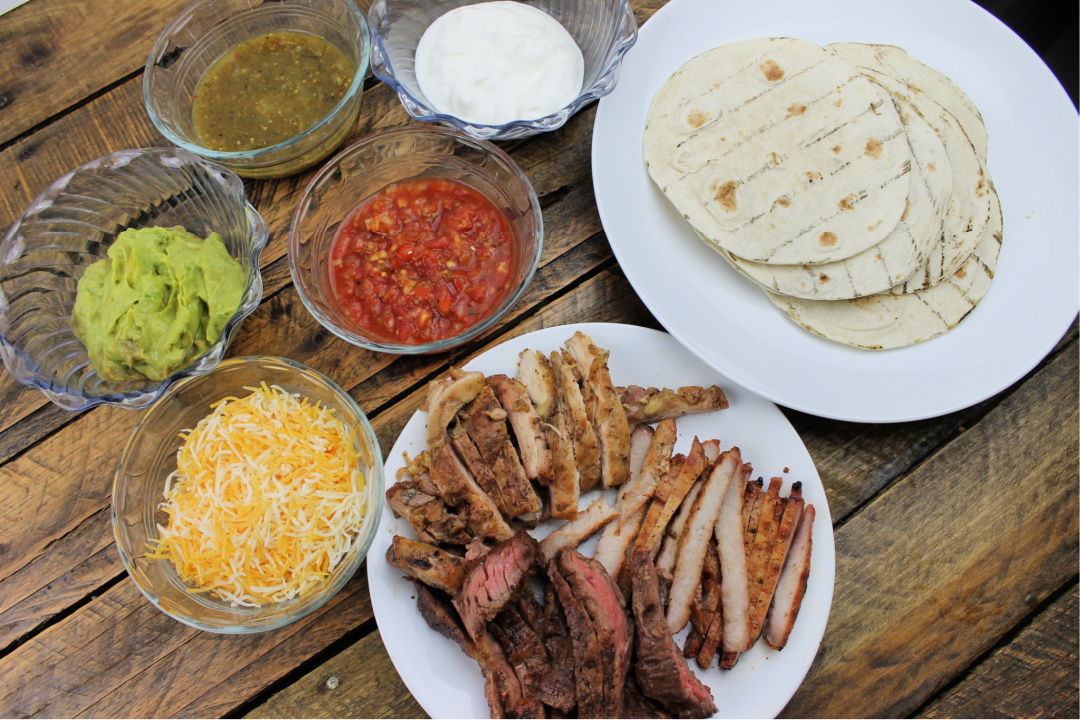 chicken, pork, and beef fajitas