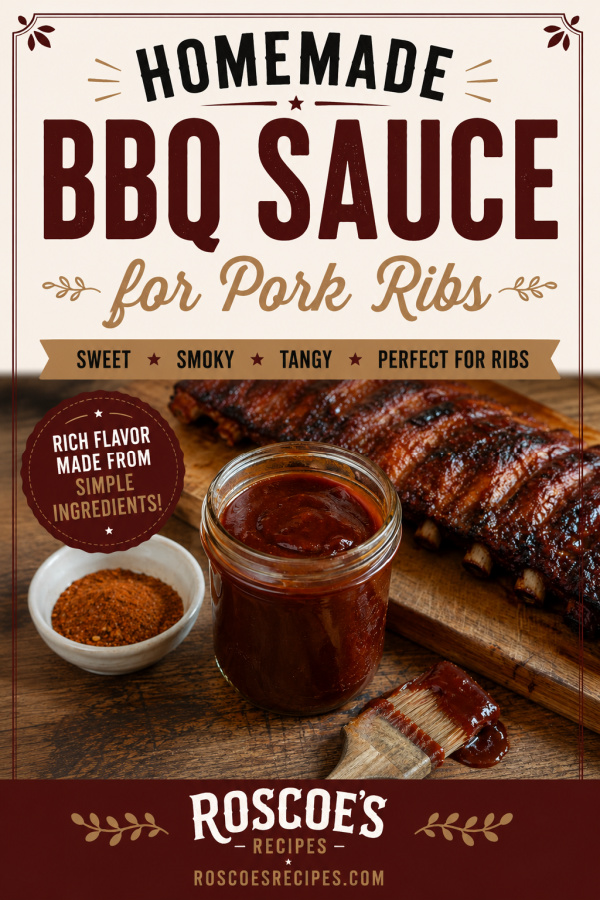 Homemade BBQ sauce in a glass mason jar served with a barbecue sauce brush, dry seasoning, and smoked pork ribs on a wooden cutting board, featured on a rustic Pinterest pin with vintage typography and Roscoe's Recipes branding.