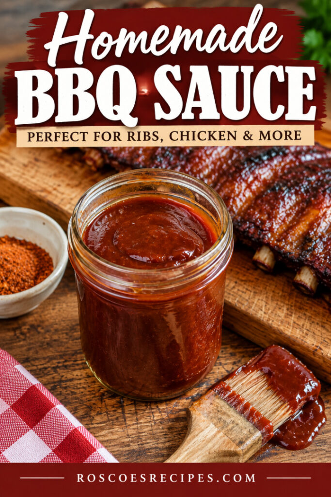 Homemade BBQ sauce in a glass jar served with glazed pork ribs, barbecue seasoning, and a sauce-covered basting brush on a rustic wooden table.