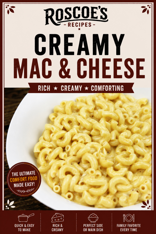 Pinterest pin for Creamy Mac and Cheese featuring a bowl of rich, creamy homemade macaroni and cheese with text reading "Creamy Mac & Cheese – Rich, Creamy, Comforting."