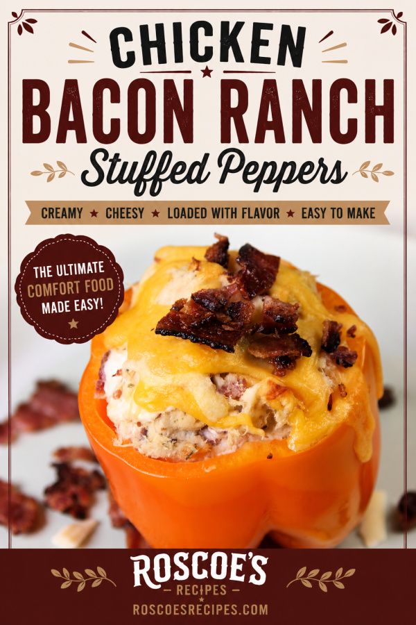 Chicken Bacon Ranch Stuffed Peppers with melted cheddar cheese, crispy bacon, and creamy chicken filling baked inside orange bell peppers.