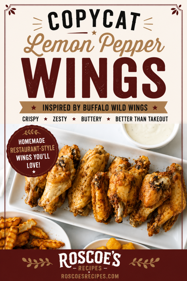 Copycat Buffalo Wild Wings Lemon Pepper Wings served on a white platter with seasoned fries, ranch dipping sauce, and potato wedges, featured on a rustic Pinterest pin design with bold vintage typography and Roscoe's Recipes branding.