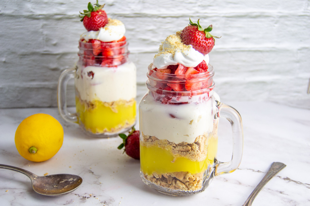 strawberry lemon parfait dessert in a jar