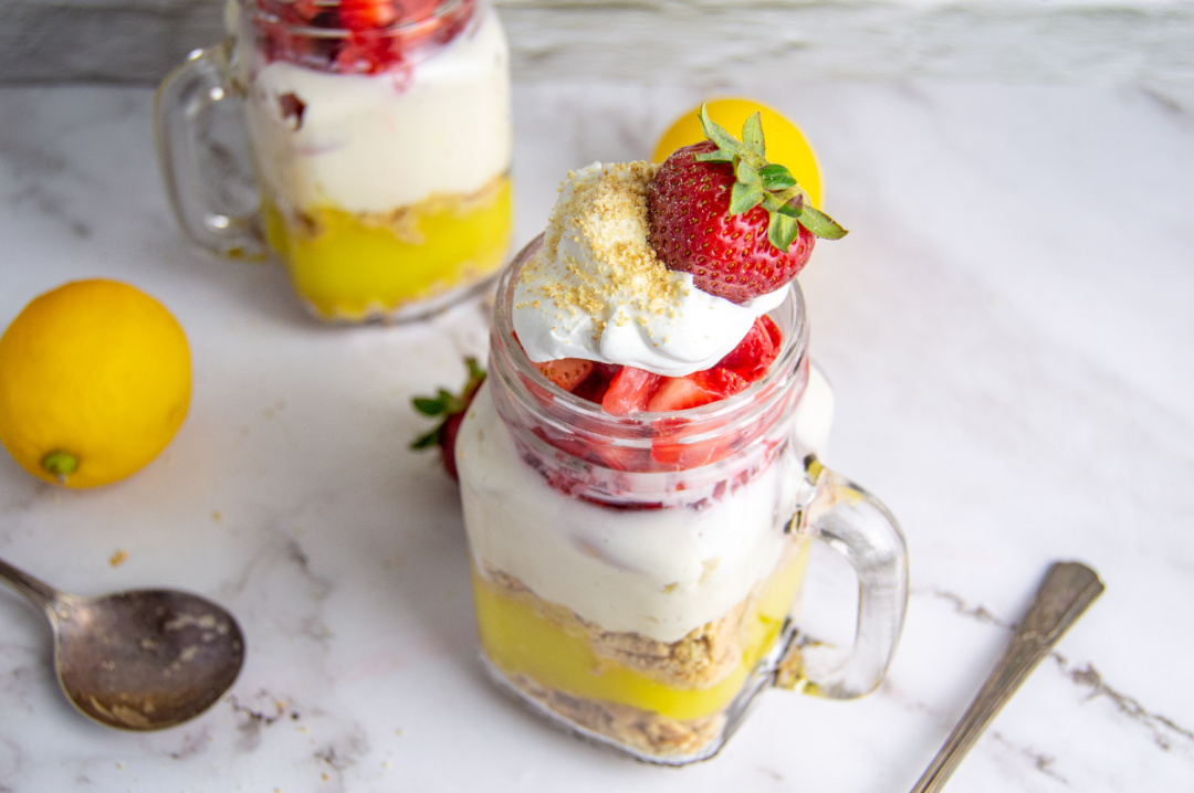 strawberry lemon parfait dessert in a jar