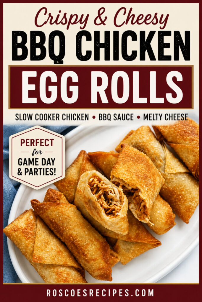 Crispy BBQ chicken egg rolls filled with shredded barbecue chicken and cheese, featured on a Roscoe’s Recipes pin for an easy game day or party appetizer.