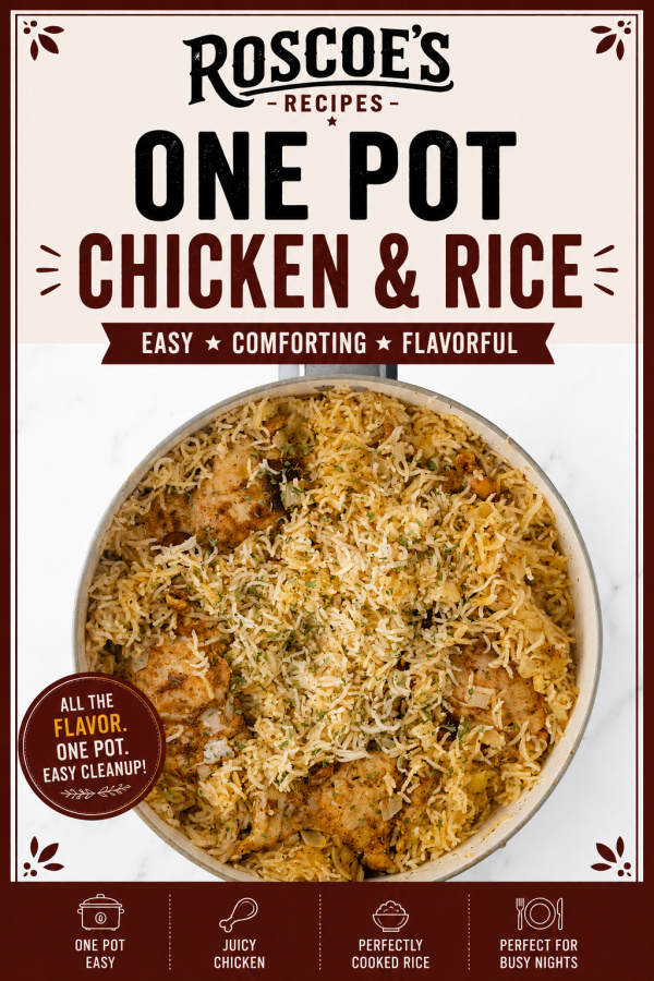 Roscoe's Recipes One Pot Chicken and Rice Pinterest pin featuring a skillet of cheesy chicken and rice with easy one pot dinner text