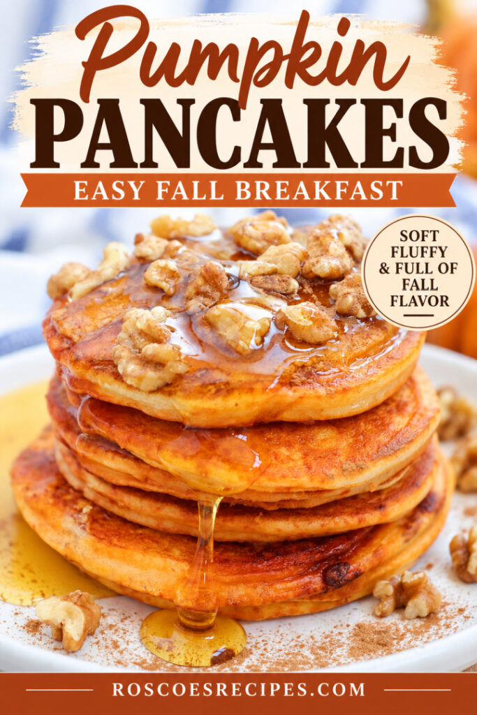 Stack of fluffy pumpkin pancakes topped with maple syrup and chopped walnuts for an easy fall breakfast.