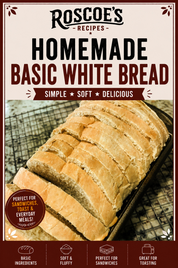 Homemade Basic White Bread Pinterest Pin for Roscoe's Recipes