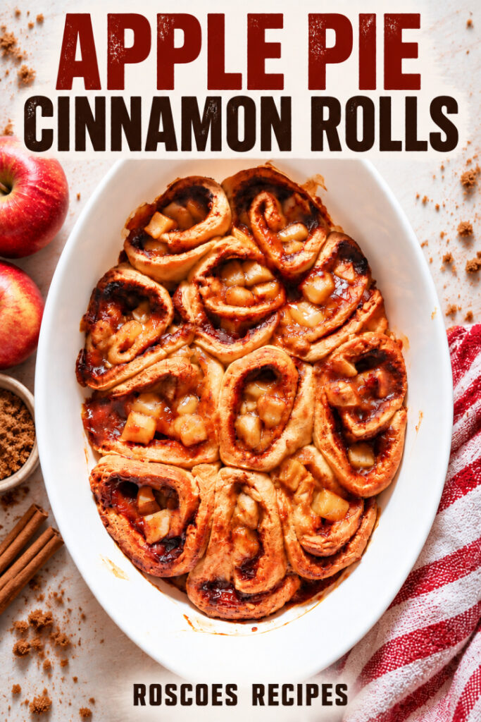 Apple Pie Cinnamon Rolls baked with cinnamon, brown sugar, and apple pie filling in a white baking dish.