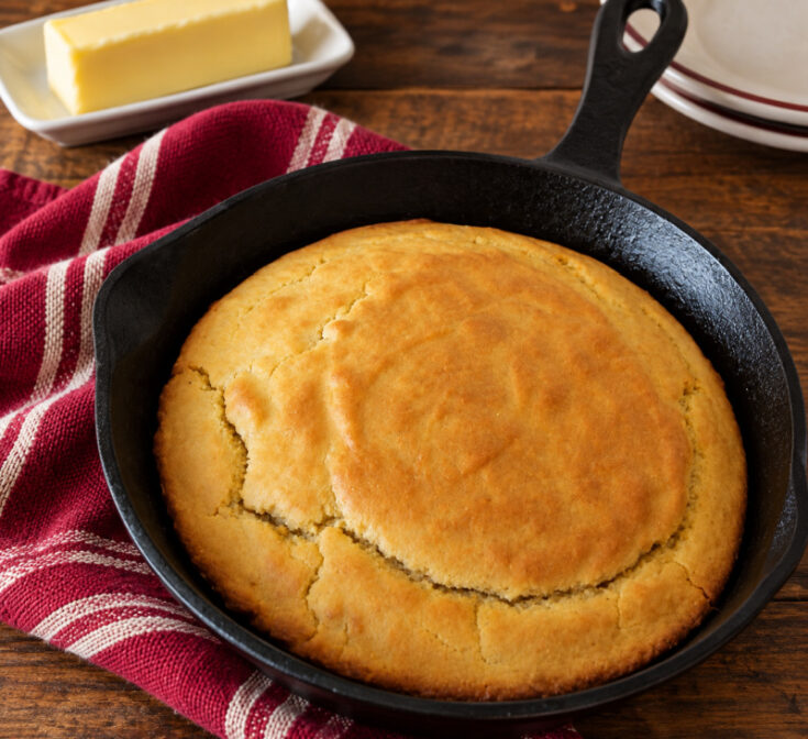 Southern cast iron skillet cornbread baked until golden brown
