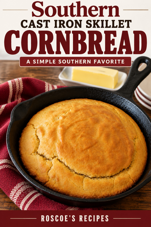 Southern cast iron skillet cornbread with a golden brown top and red kitchen towel, with text reading Southern Cast Iron Skillet Cornbread.