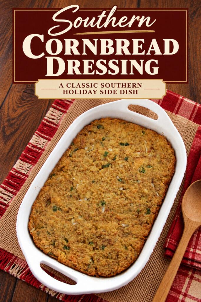 Southern cornbread dressing baked in a white casserole dish with red plaid linens and a wooden serving spoon.
